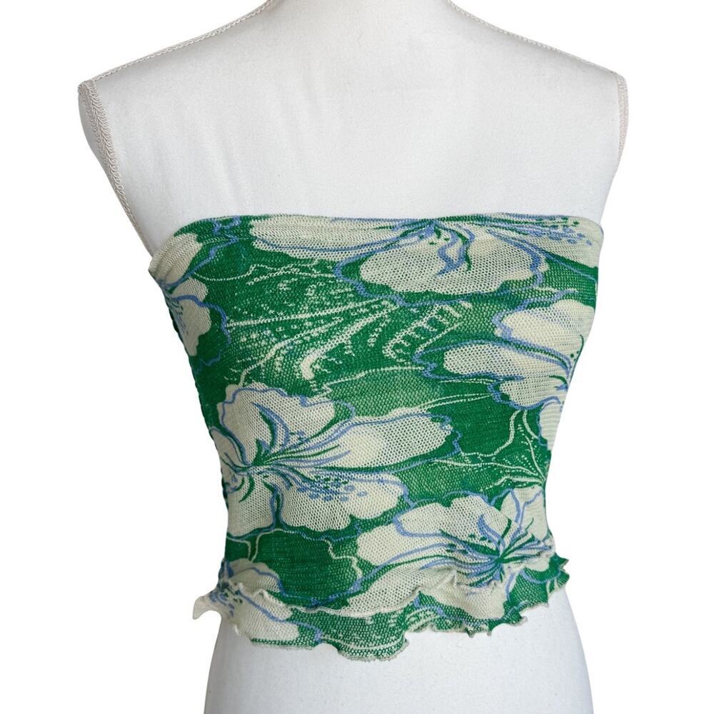 Free People Strapless Tube Top Green Floral Smocked Y2K Boho Summer Size XS/S
